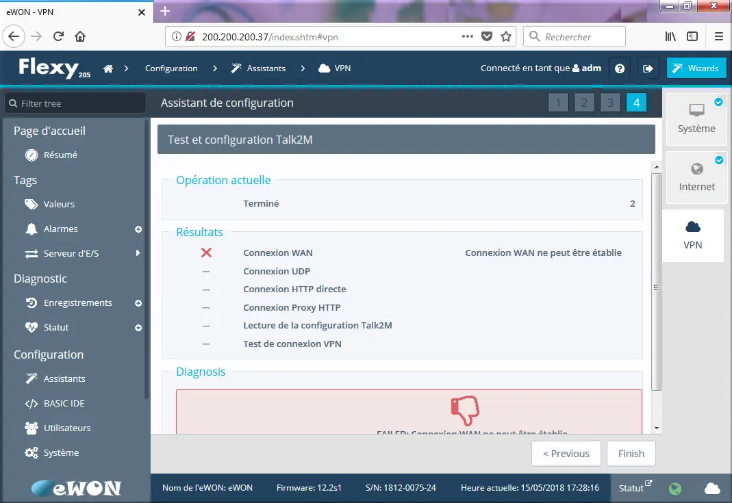 Échec du test de connexion Talk2M